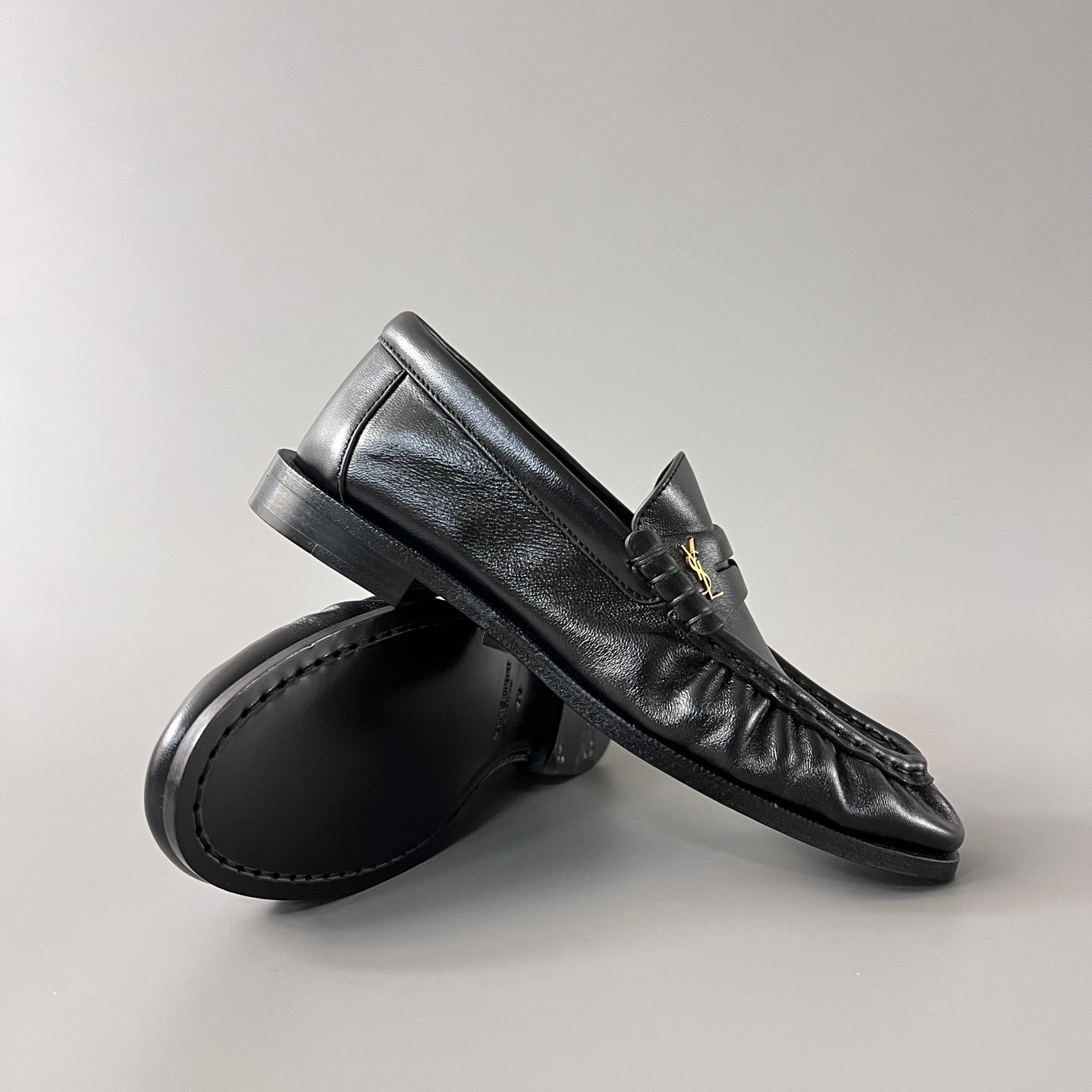 AuroraCustom Saint Laurent Penny Series Smooth Leather Ruched Loafers (Stealth Noir Black & Hand-Stitch Genuine Leather Sole Edition) - Image 7