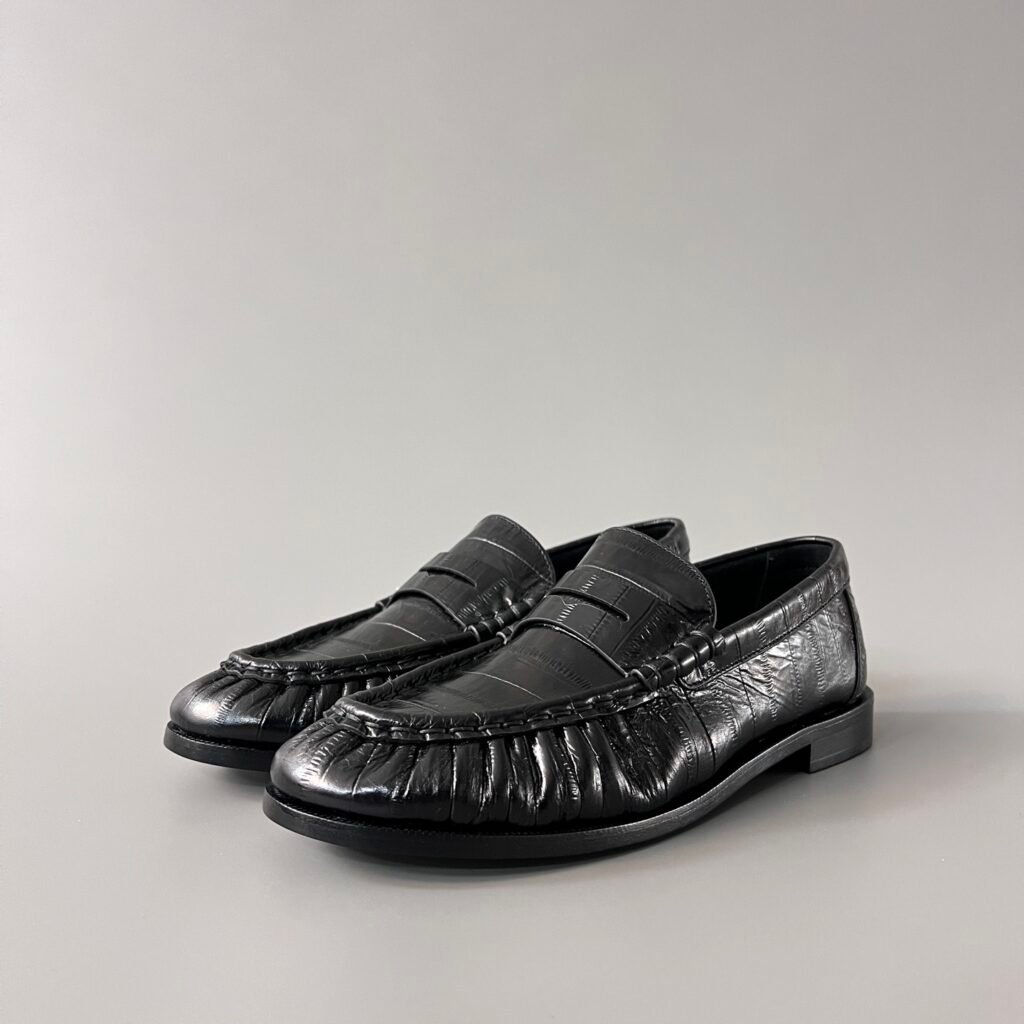 AuroraCustom Saint Laurent Penny Series Croc-Embossed Leather Ruched Loafers (Stealth Onyx Black & Hand-Stitch Genuine Leather Sole Edition)