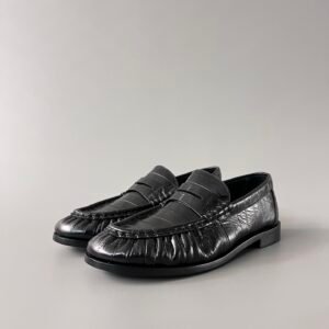 AuroraCustom Saint Laurent Penny Series Croc-Embossed Leather Ruched Loafers (Stealth Onyx Black & Hand-Stitch Genuine Leather Sole Edition)
