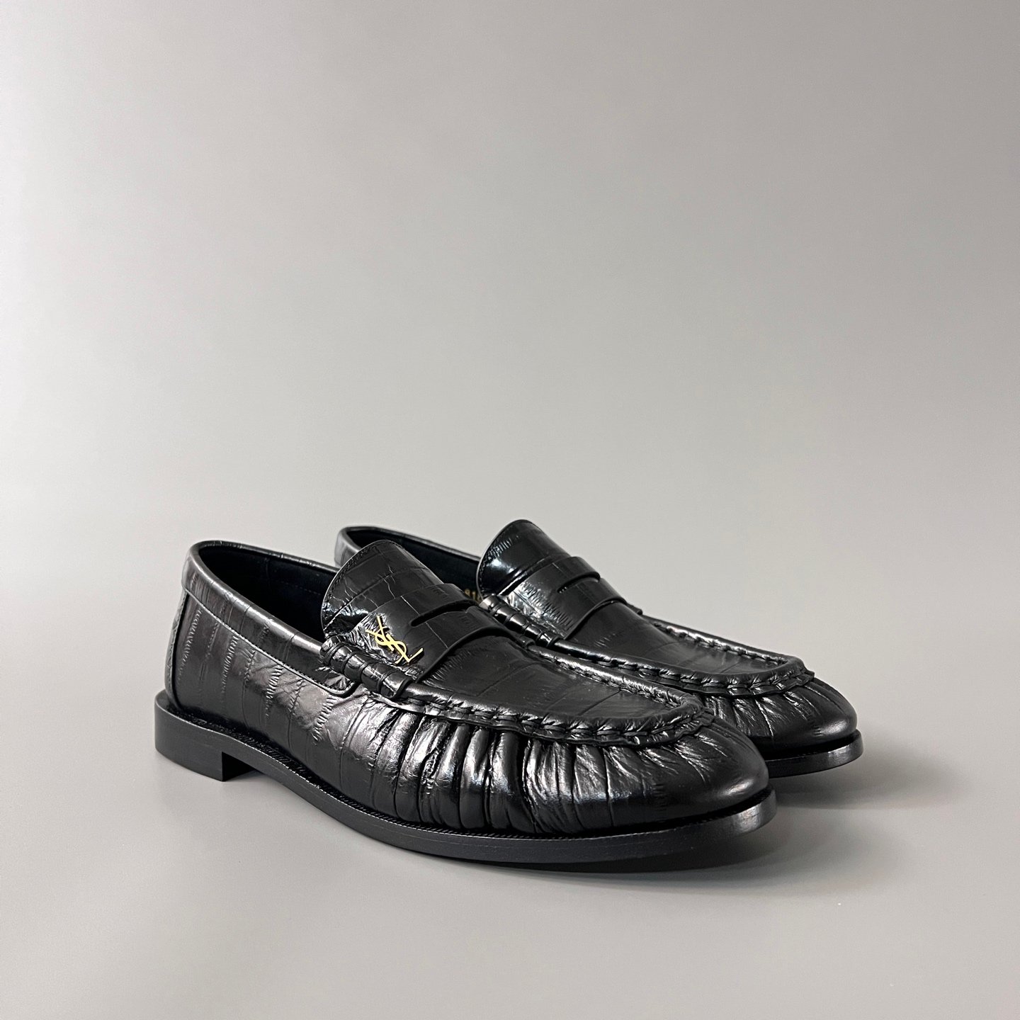 AuroraCustom Saint Laurent Penny Series Croc-Embossed Leather Ruched Loafers (Stealth Onyx Black & Hand-Stitch Genuine Leather Sole Edition) - Image 3