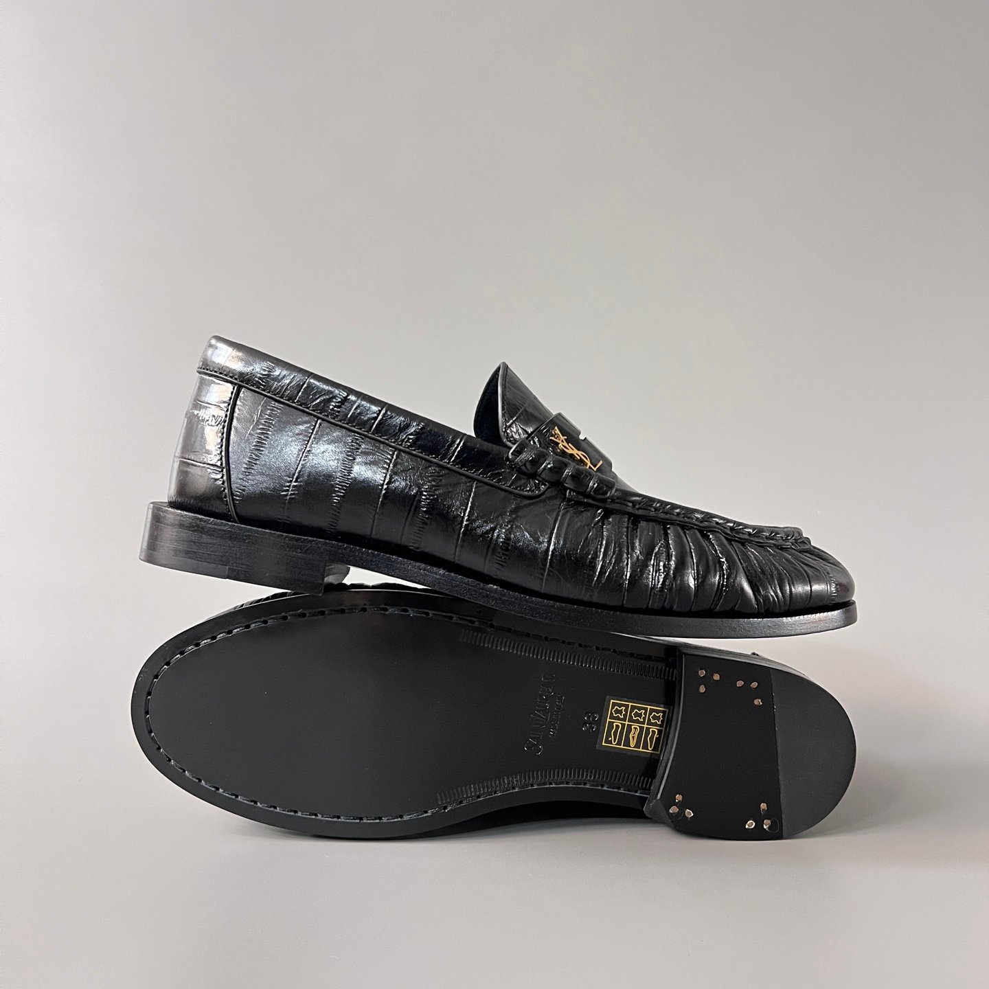 AuroraCustom Saint Laurent Penny Series Croc-Embossed Leather Ruched Loafers (Stealth Onyx Black & Hand-Stitch Genuine Leather Sole Edition) - Image 6