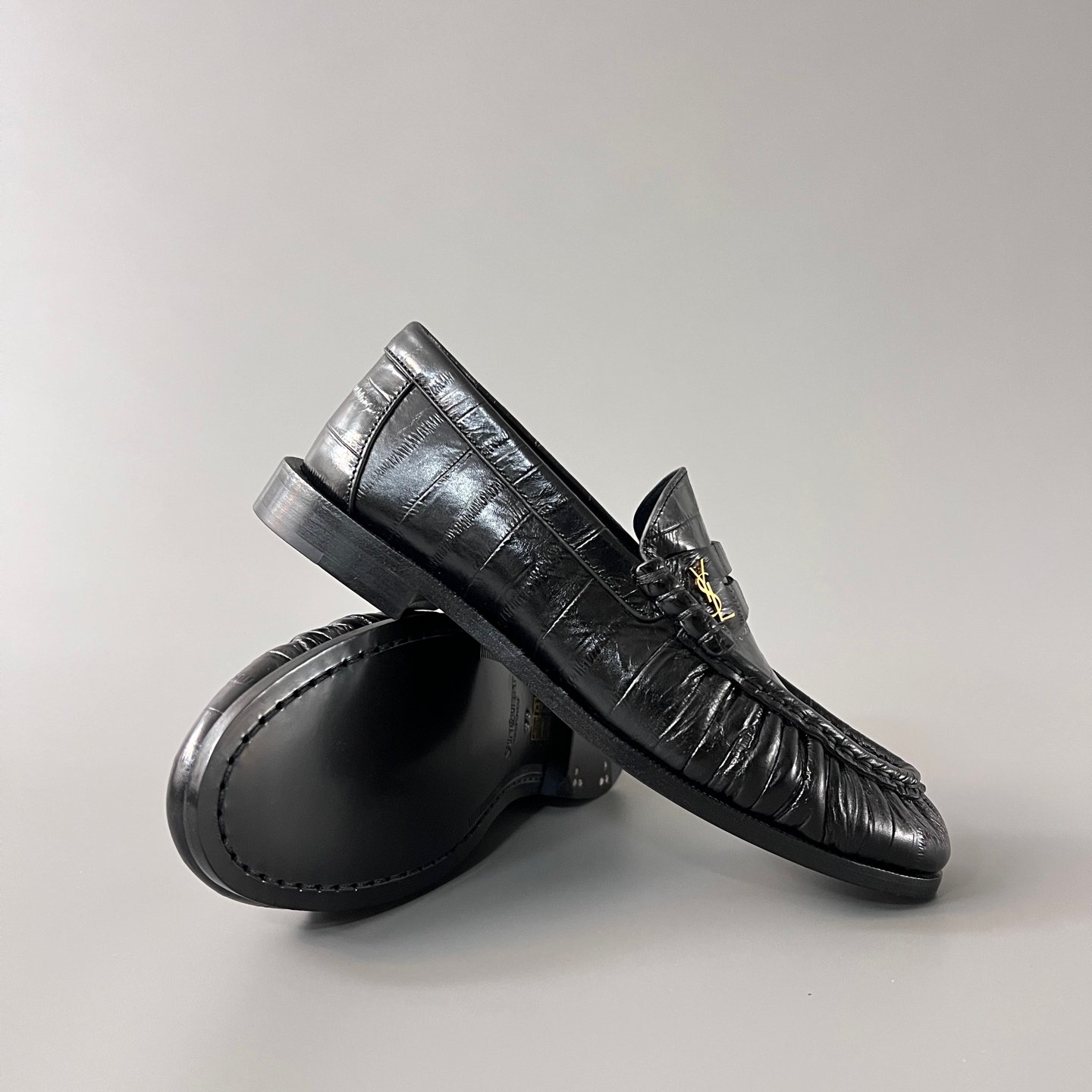 AuroraCustom Saint Laurent Penny Series Croc-Embossed Leather Ruched Loafers (Stealth Onyx Black & Hand-Stitch Genuine Leather Sole Edition) - Image 7