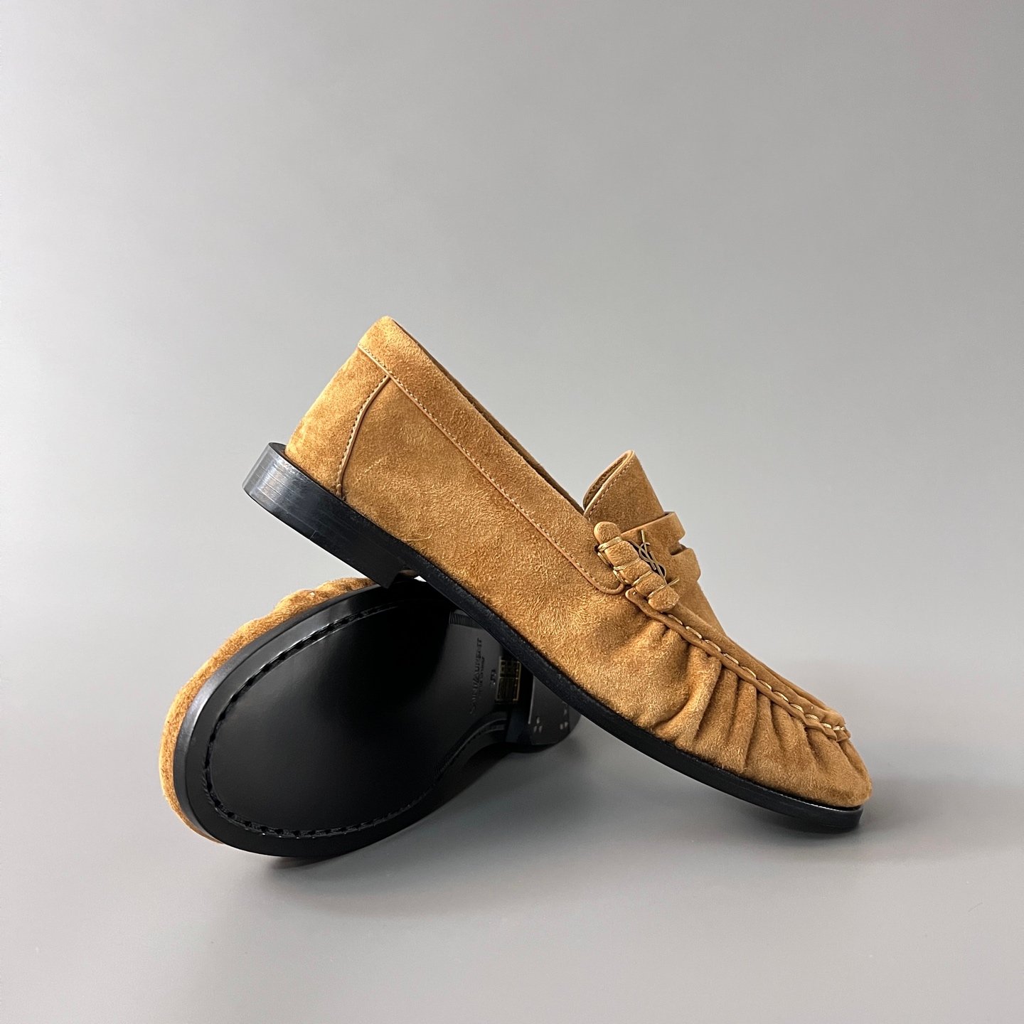 AuroraCustom Saint Laurent Penny Series Velvet Suede Ruched Loafers (Classic Camel Suede & Hand-Stitch Genuine Leather Sole Edition) - Image 7