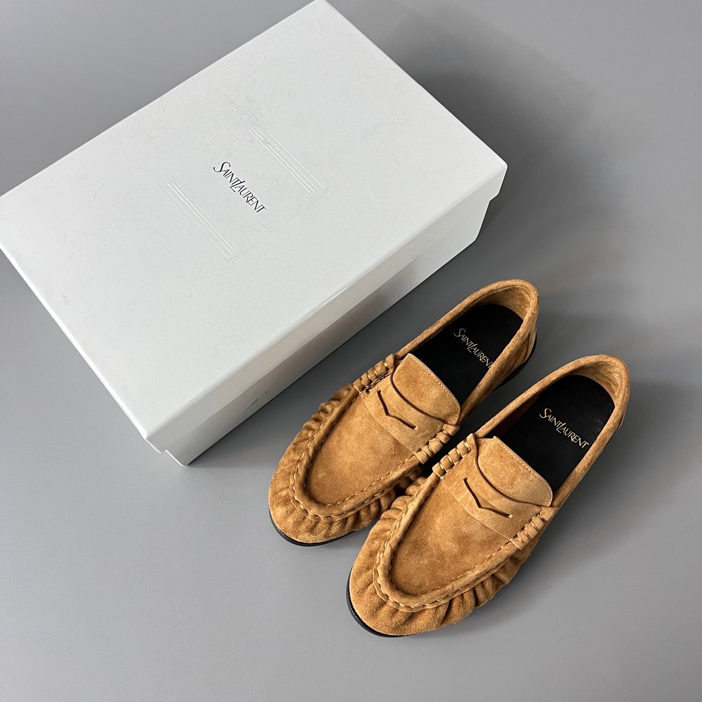 AuroraCustom Saint Laurent Penny Series Velvet Suede Ruched Loafers (Classic Camel Suede & Hand-Stitch Genuine Leather Sole Edition) - Image 9