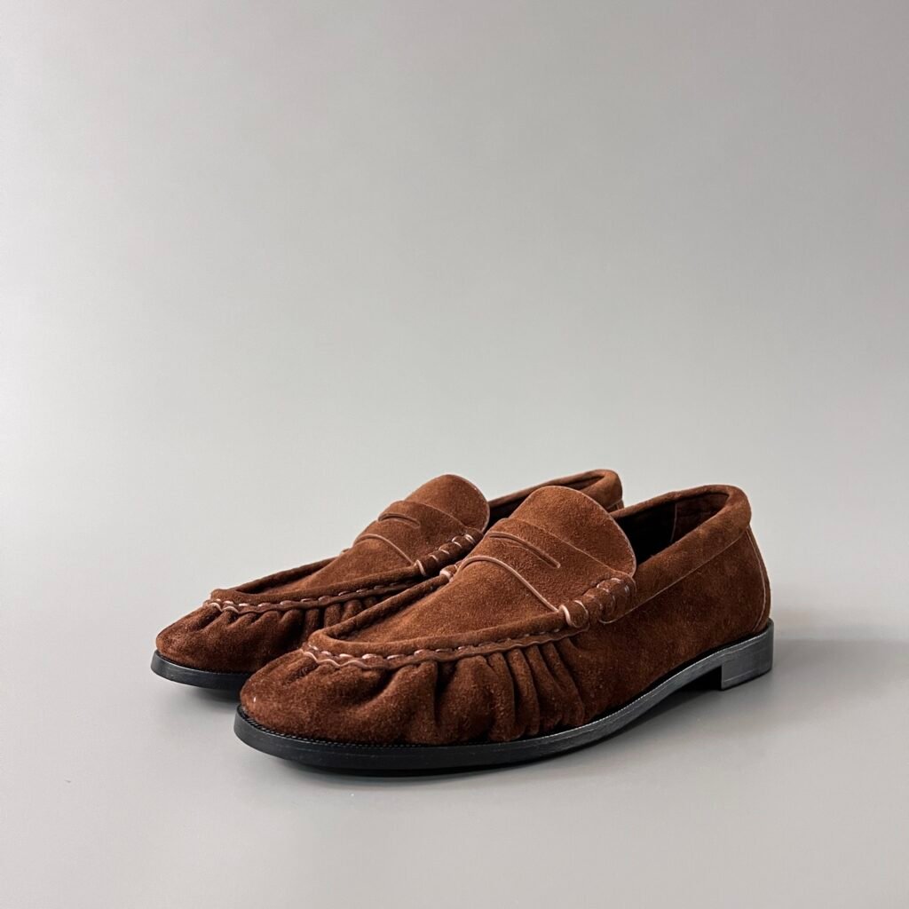 AuroraCustom Saint Laurent Penny Series Velvet Suede Ruched Loafers (Rich Amber Brown Suede & Hand-Stitch Genuine Leather Sole Edition)