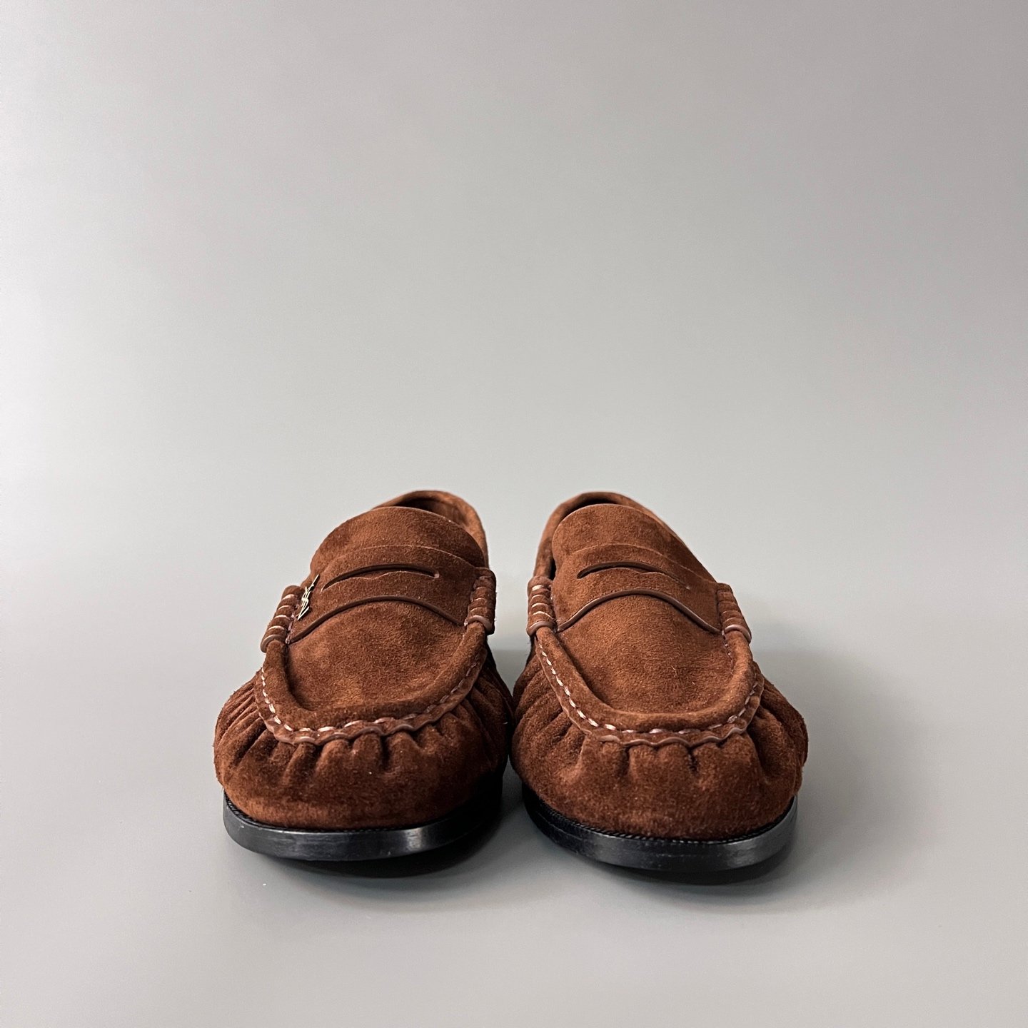 AuroraCustom Saint Laurent Penny Series Velvet Suede Ruched Loafers (Rich Amber Brown Suede & Hand-Stitch Genuine Leather Sole Edition) - Image 2