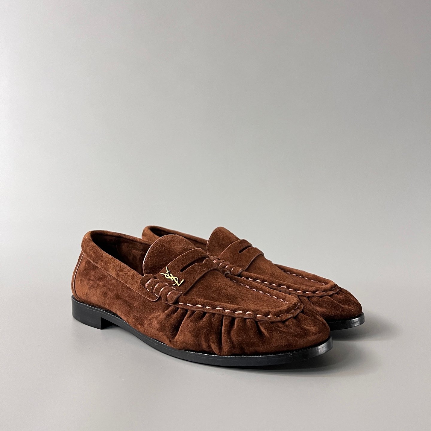 AuroraCustom Saint Laurent Penny Series Velvet Suede Ruched Loafers (Rich Amber Brown Suede & Hand-Stitch Genuine Leather Sole Edition) - Image 3