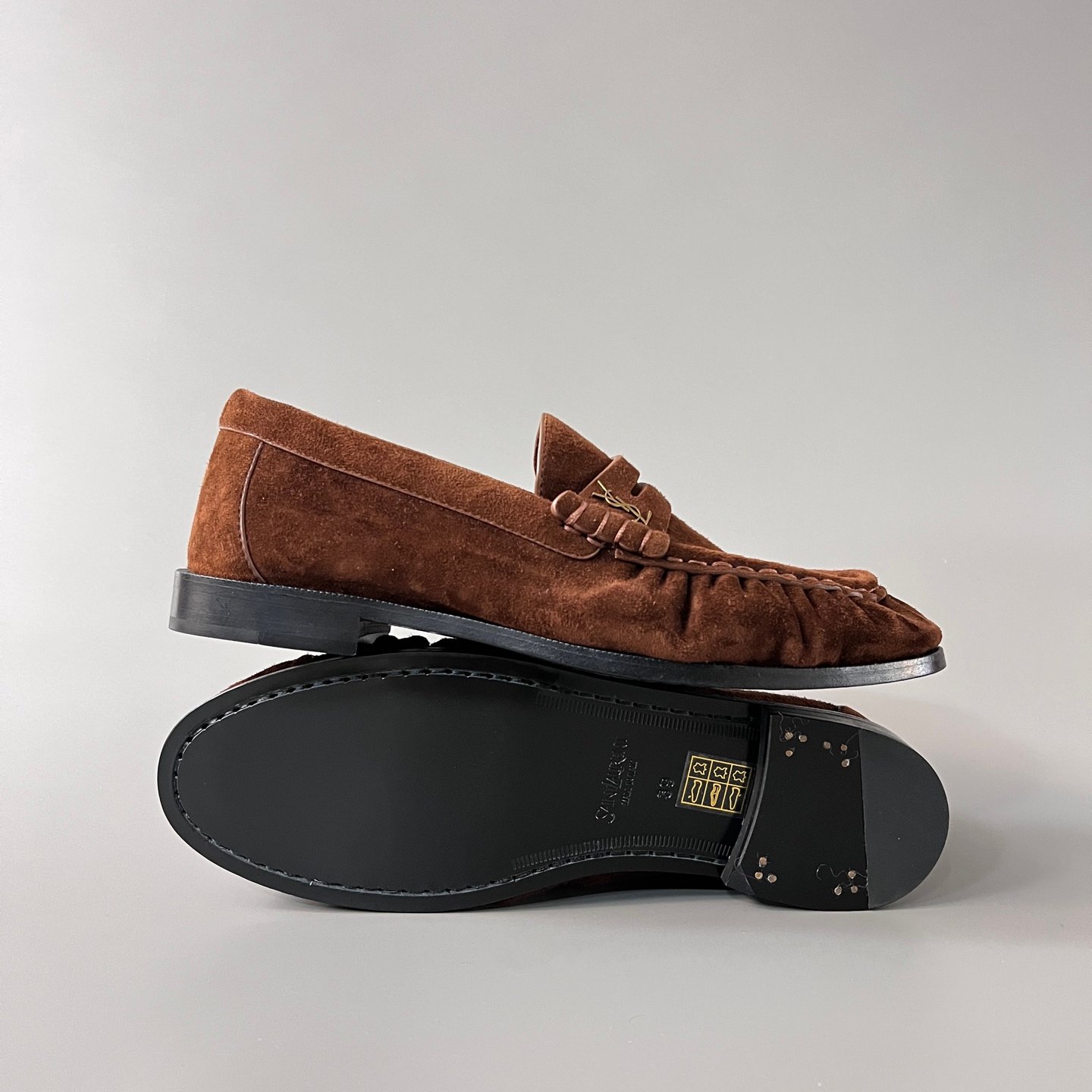 AuroraCustom Saint Laurent Penny Series Velvet Suede Ruched Loafers (Rich Amber Brown Suede & Hand-Stitch Genuine Leather Sole Edition) - Image 6