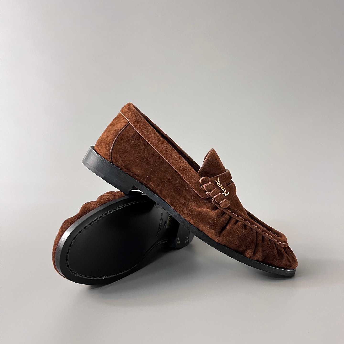 AuroraCustom Saint Laurent Penny Series Velvet Suede Ruched Loafers (Rich Amber Brown Suede & Hand-Stitch Genuine Leather Sole Edition) - Image 7