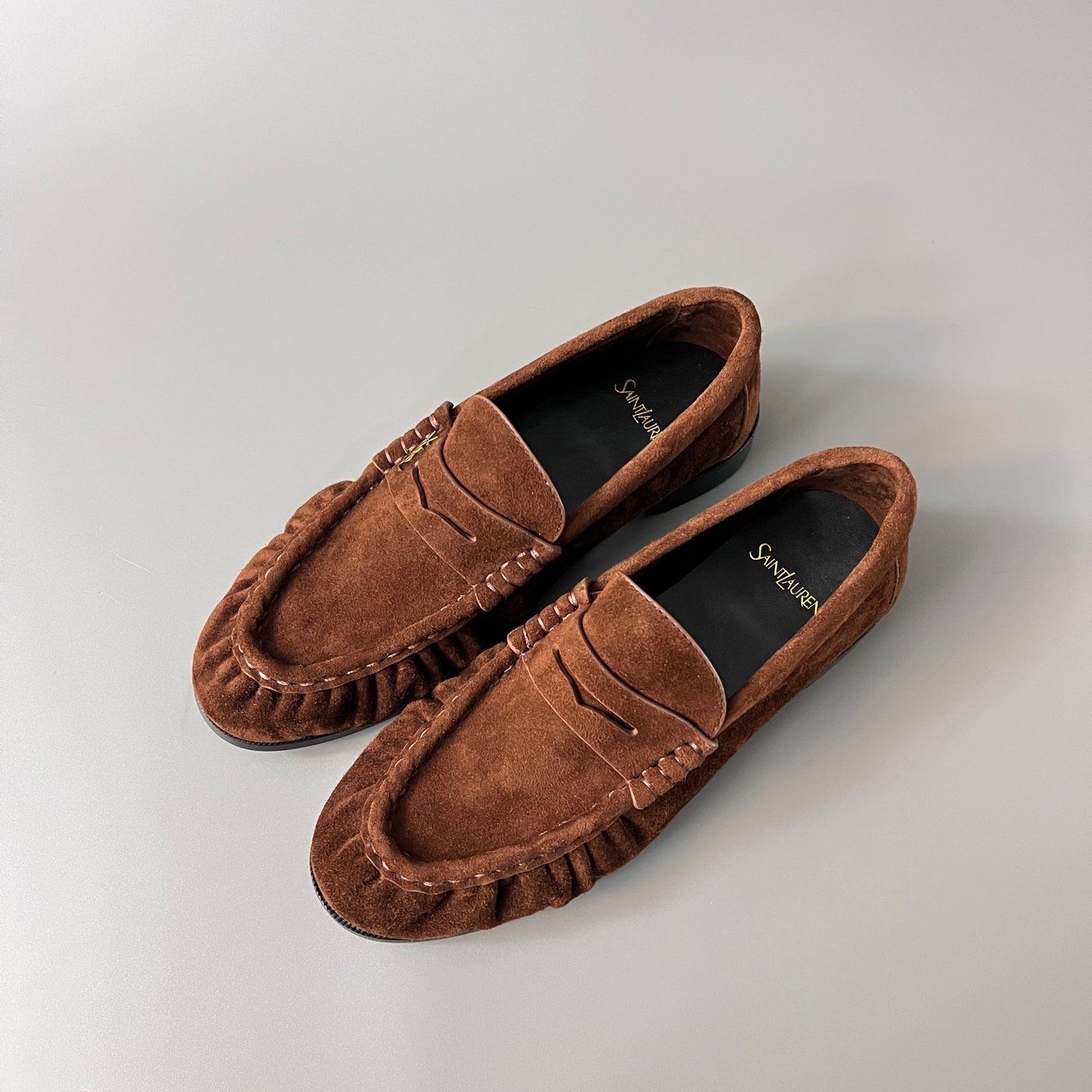AuroraCustom Saint Laurent Penny Series Velvet Suede Ruched Loafers (Rich Amber Brown Suede & Hand-Stitch Genuine Leather Sole Edition) - Image 8