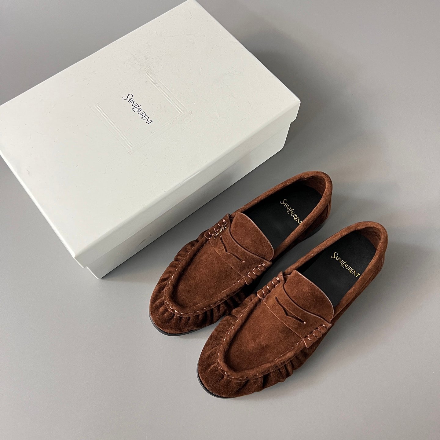 AuroraCustom Saint Laurent Penny Series Velvet Suede Ruched Loafers (Rich Amber Brown Suede & Hand-Stitch Genuine Leather Sole Edition) - Image 9