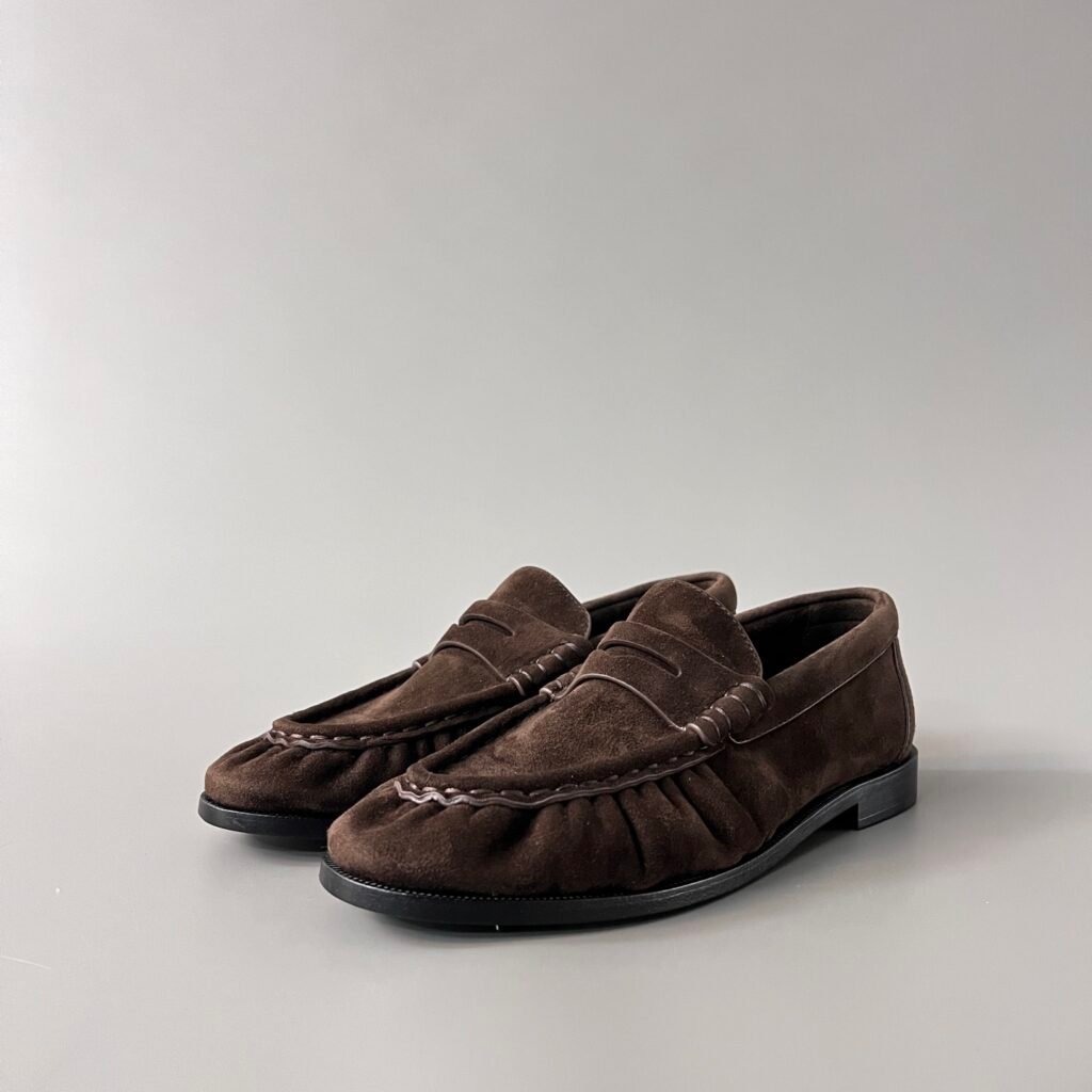 AuroraCustom Saint Laurent Penny Series Velvet Suede Ruched Loafers (Classic Chestnut Suede & Hand-Stitch Genuine Leather Sole Edition)