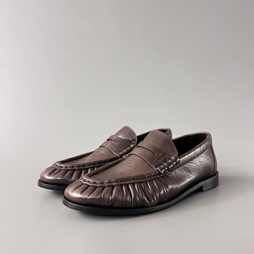 AuroraCustom Saint Laurent Penny Series Grained Leather Ruched Loafers (Classic Earthy Espresso Brown & Hand-Stitch Genuine Leather Sole Edition)
