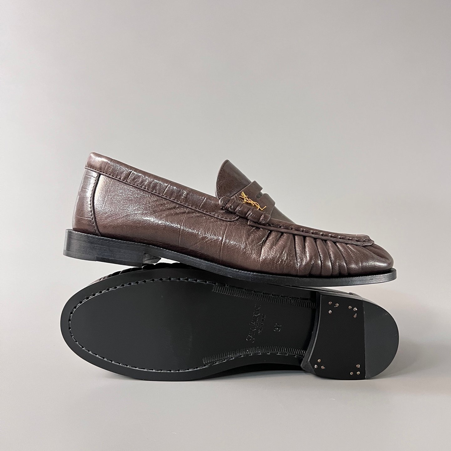 AuroraCustom Saint Laurent Penny Series Grained Leather Ruched Loafers (Classic Earthy Espresso Brown & Hand-Stitch Genuine Leather Sole Edition) - Image 6