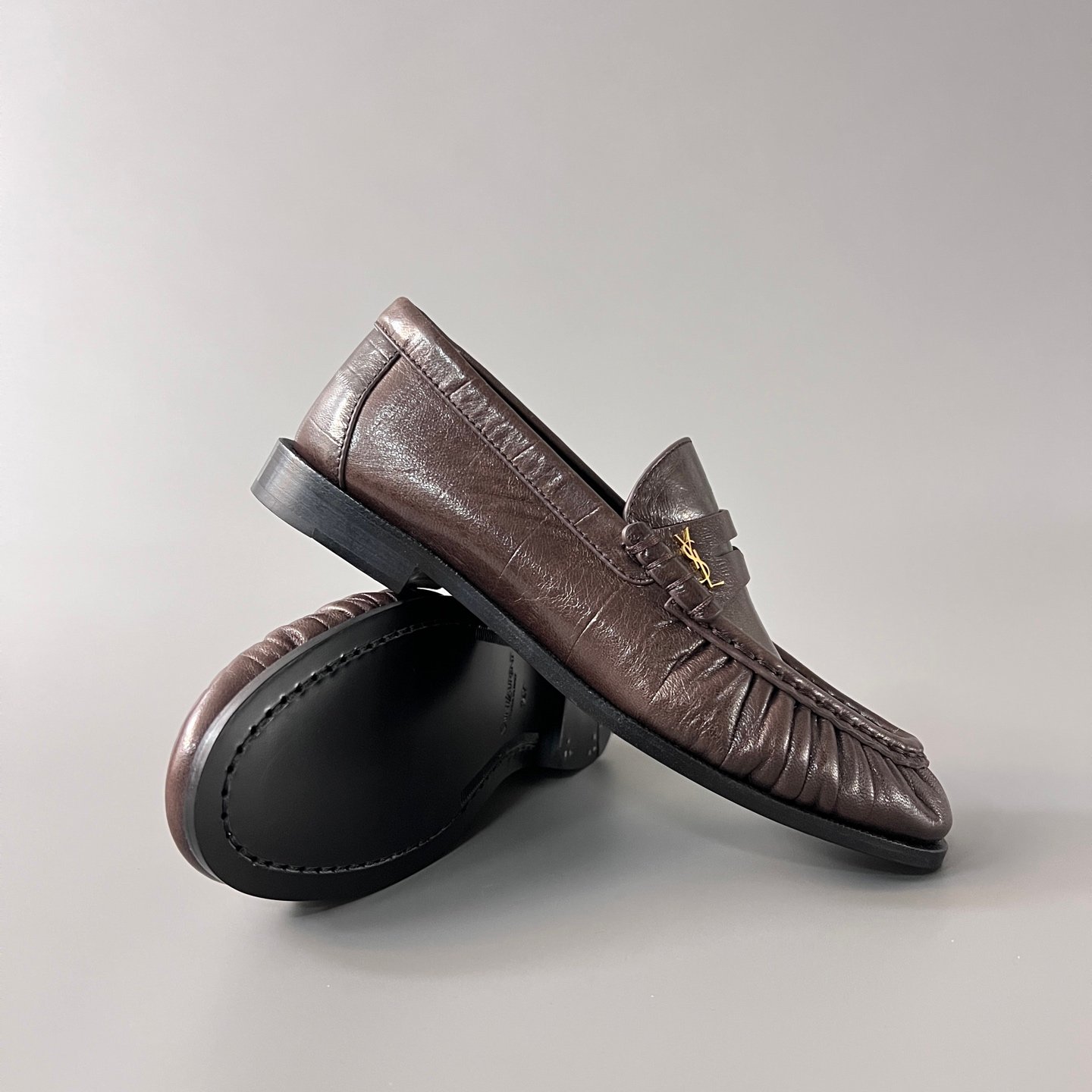 AuroraCustom Saint Laurent Penny Series Grained Leather Ruched Loafers (Classic Earthy Espresso Brown & Hand-Stitch Genuine Leather Sole Edition) - Image 7