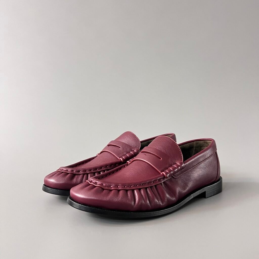 AuroraCustom Saint Laurent Penny Series Smooth Calfskin Ruched Loafers (Amaranth Burgundy & Hand-Stitch Genuine Leather Sole Edition)