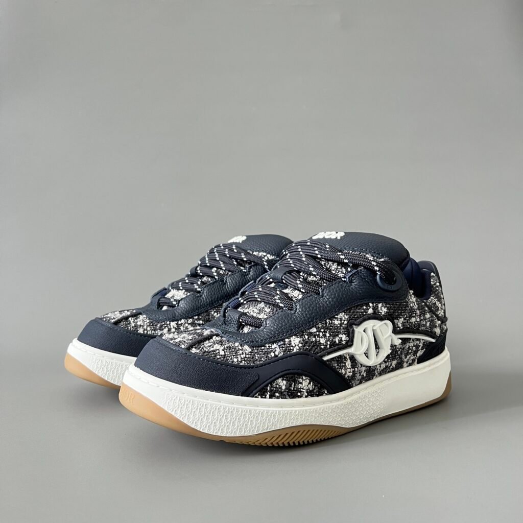 AuroraCustom Dior B9S Series Navy Blue Tweed & Grained Leather Luxury Skate Chunky Sneaker (Men's Edition)