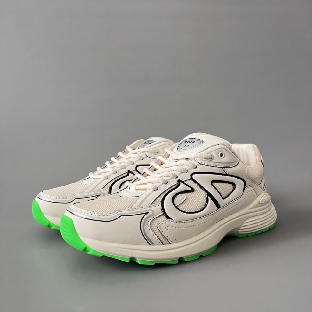 AuroraCustom Dior B30 Series Cream Ivory & Neon Green Accent Technical Mesh Luxury Retro Runner Sneaker (Unisex Edition)