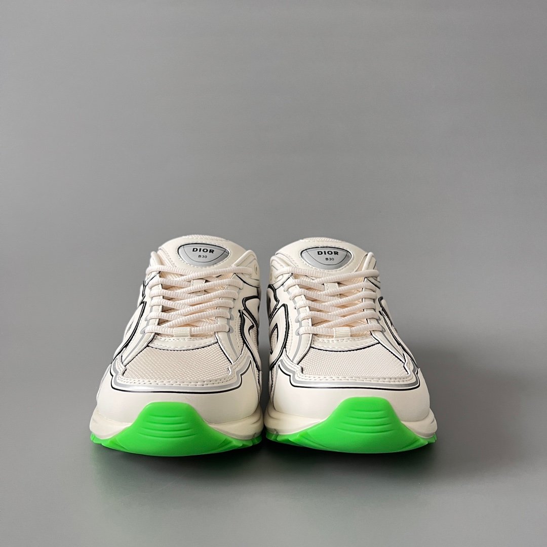 AuroraCustom Dior B30 Series Cream Ivory & Neon Green Accent Technical Mesh Luxury Retro Runner Sneaker (Unisex Edition) - Image 2
