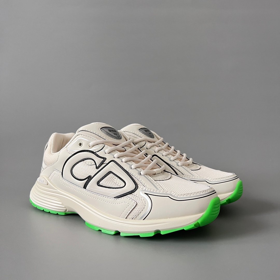 AuroraCustom Dior B30 Series Cream Ivory & Neon Green Accent Technical Mesh Luxury Retro Runner Sneaker (Unisex Edition) - Image 3