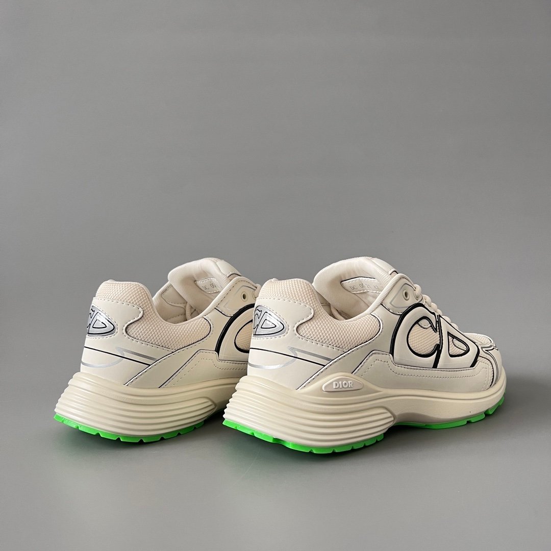 AuroraCustom Dior B30 Series Cream Ivory & Neon Green Accent Technical Mesh Luxury Retro Runner Sneaker (Unisex Edition) - Image 4