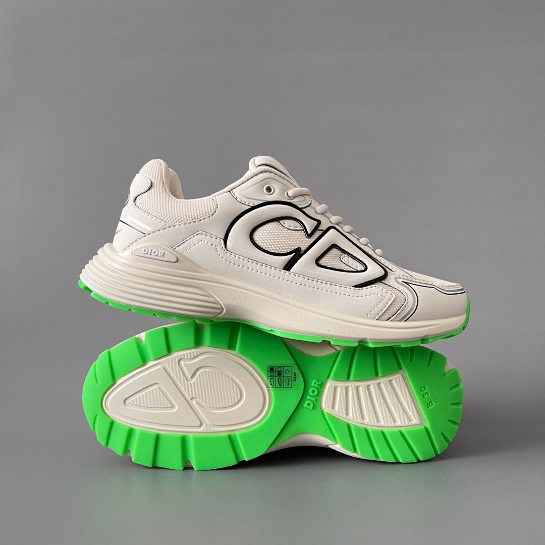 AuroraCustom Dior B30 Series Cream Ivory & Neon Green Accent Technical Mesh Luxury Retro Runner Sneaker (Unisex Edition) - Image 6