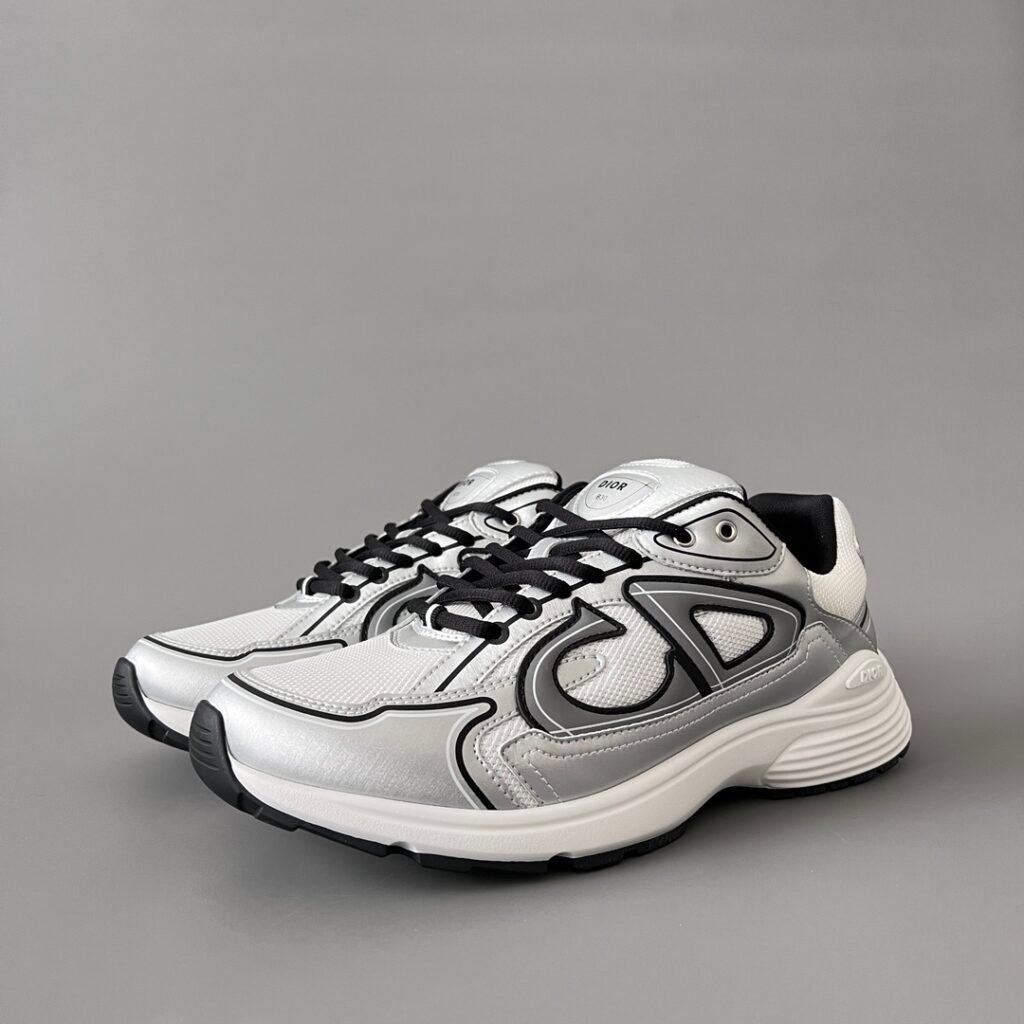 AuroraCustom Dior B30 Series Metallic Silver & White Technical Mesh Luxury Retro Runner Sneaker (Unisex Edition)