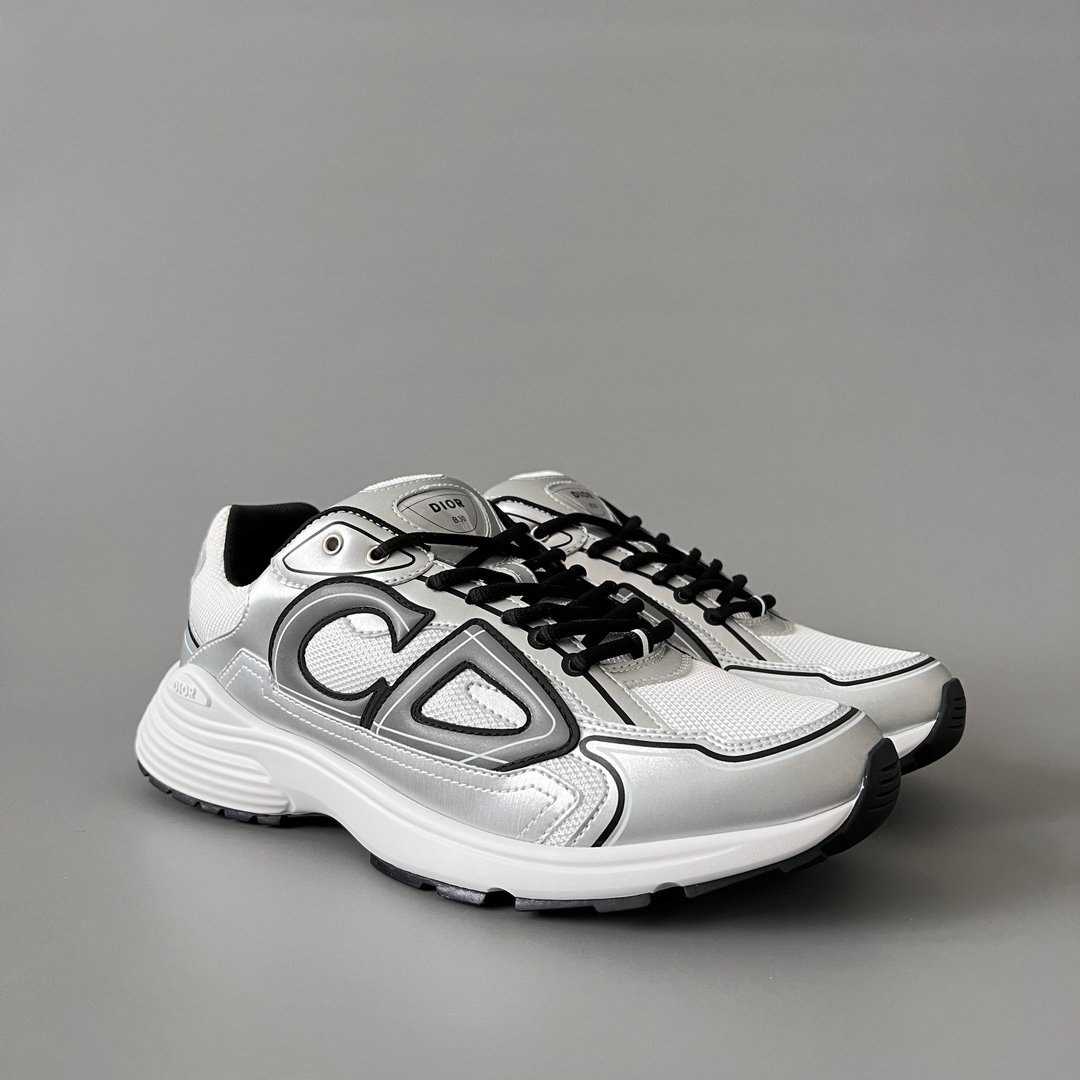 AuroraCustom Dior B30 Series Metallic Silver & White Technical Mesh Luxury Retro Runner Sneaker (Unisex Edition) - Image 3
