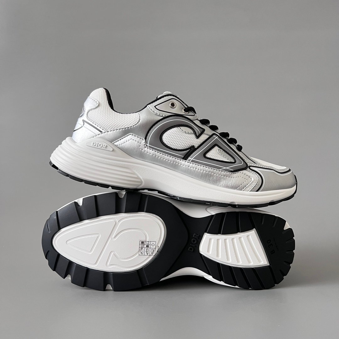 AuroraCustom Dior B30 Series Metallic Silver & White Technical Mesh Luxury Retro Runner Sneaker (Unisex Edition) - Image 6