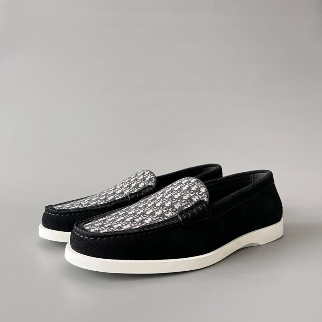 AuroraCustom Dior Granville Series Black Suede & Oblique Jacquard Luxury Moccasin Loafer Single Shoes (Men's Edition)