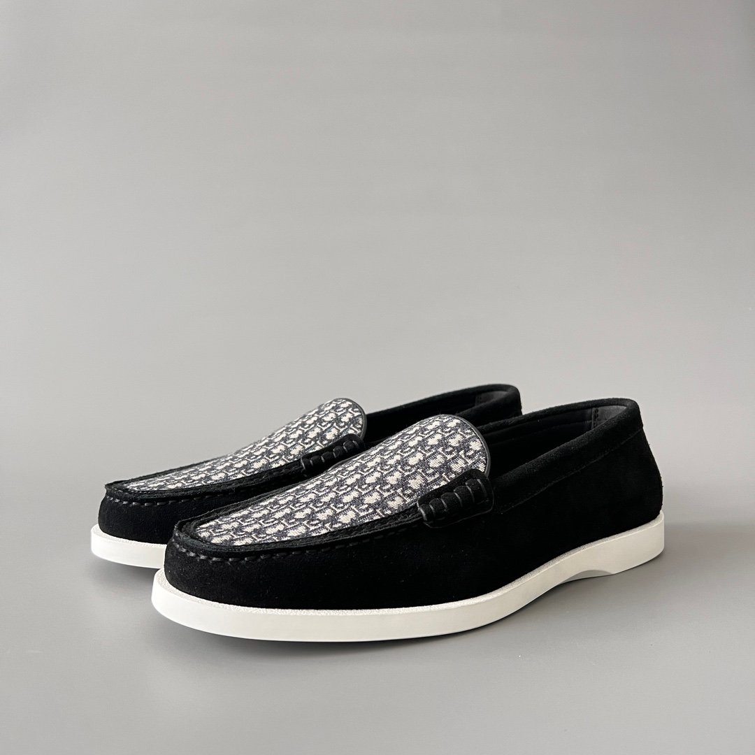 AuroraCustom Dior Granville Series Black Suede & Oblique Jacquard Luxury Moccasin Loafer Single Shoes (Men's Edition)