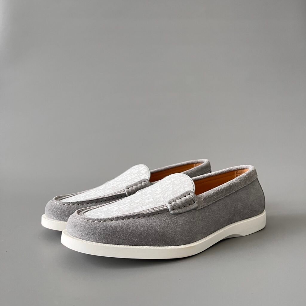 AuroraCustom Dior Granville Series Slate Grey Suede & White Oblique Jacquard Luxury Moccasin Loafer Single Shoes (Men's Edition)