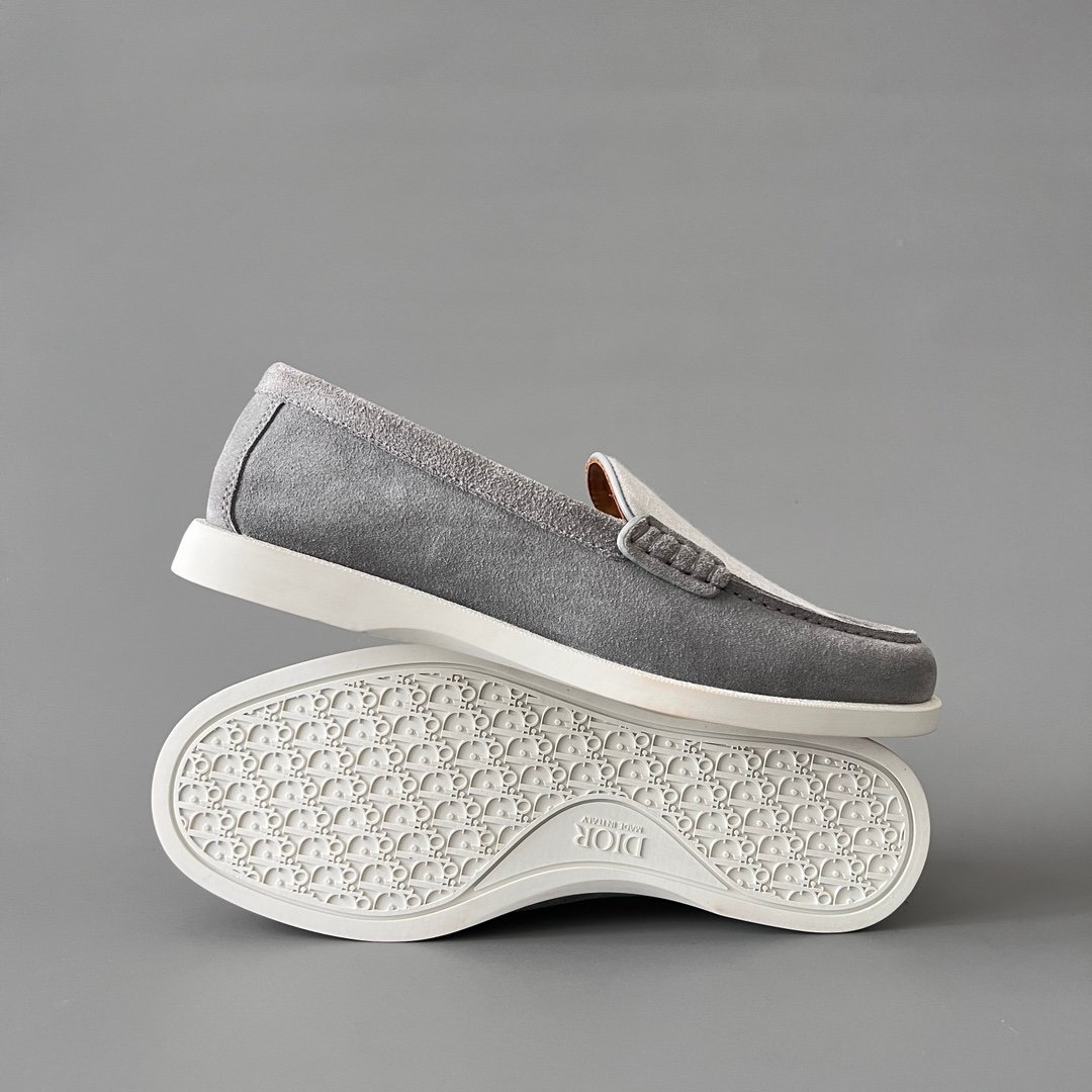 AuroraCustom Dior Granville Series Slate Grey Suede & White Oblique Jacquard Luxury Moccasin Loafer Single Shoes (Men's Edition) - Image 6