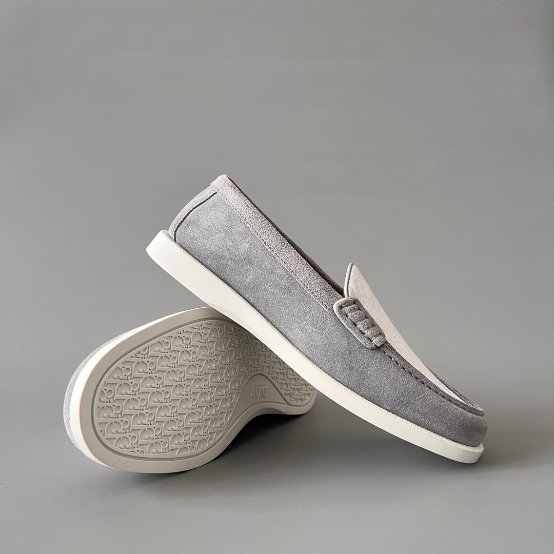 AuroraCustom Dior Granville Series Slate Grey Suede & White Oblique Jacquard Luxury Moccasin Loafer Single Shoes (Men's Edition) - Image 7