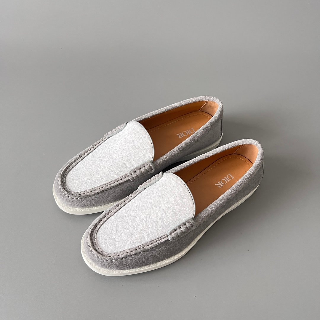 AuroraCustom Dior Granville Series Slate Grey Suede & White Oblique Jacquard Luxury Moccasin Loafer Single Shoes (Men's Edition) - Image 8