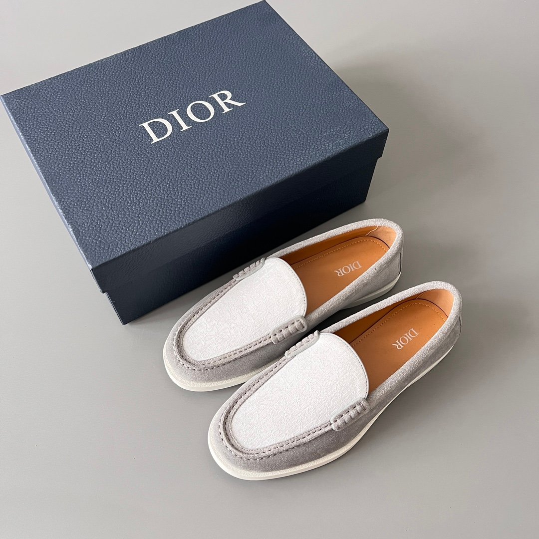AuroraCustom Dior Granville Series Slate Grey Suede & White Oblique Jacquard Luxury Moccasin Loafer Single Shoes (Men's Edition) - Image 9