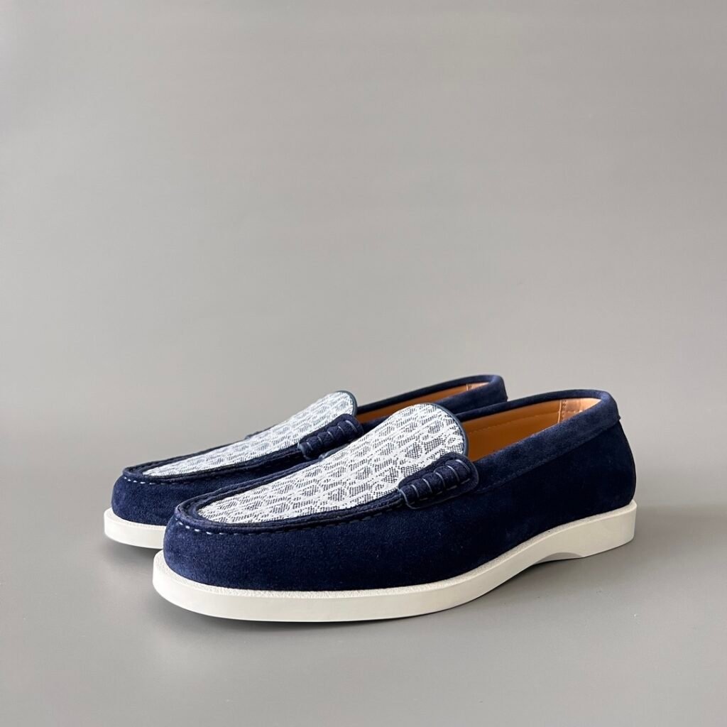 AuroraCustom Dior Granville Series Navy Blue Suede & White Oblique Jacquard Luxury Moccasin Loafer Single Shoes (Men's Edition)