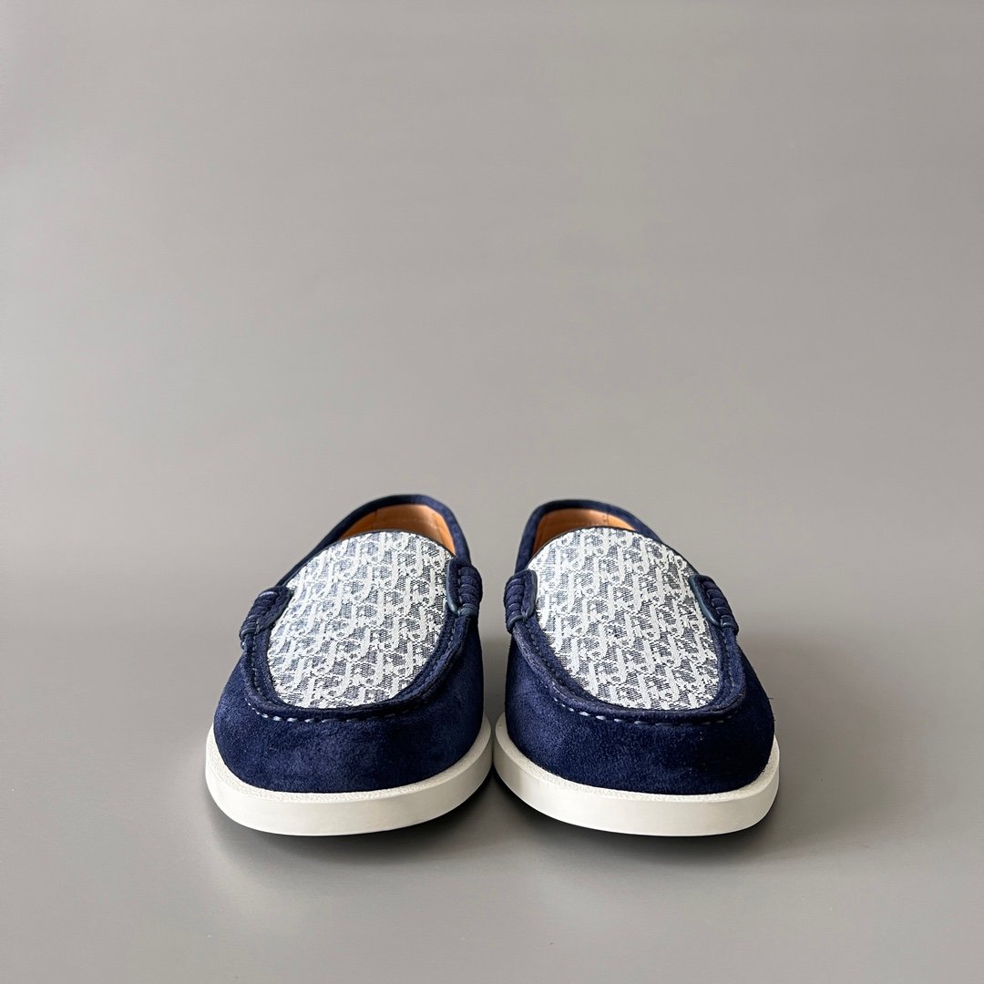 AuroraCustom Dior Granville Series Navy Blue Suede & White Oblique Jacquard Luxury Moccasin Loafer Single Shoes (Men's Edition) - Image 2