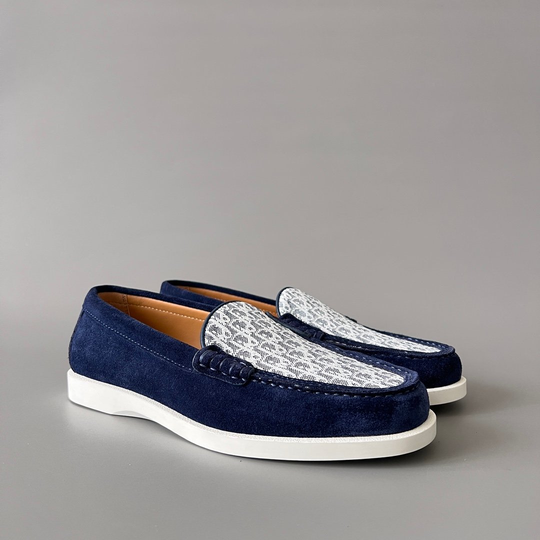 AuroraCustom Dior Granville Series Navy Blue Suede & White Oblique Jacquard Luxury Moccasin Loafer Single Shoes (Men's Edition) - Image 3