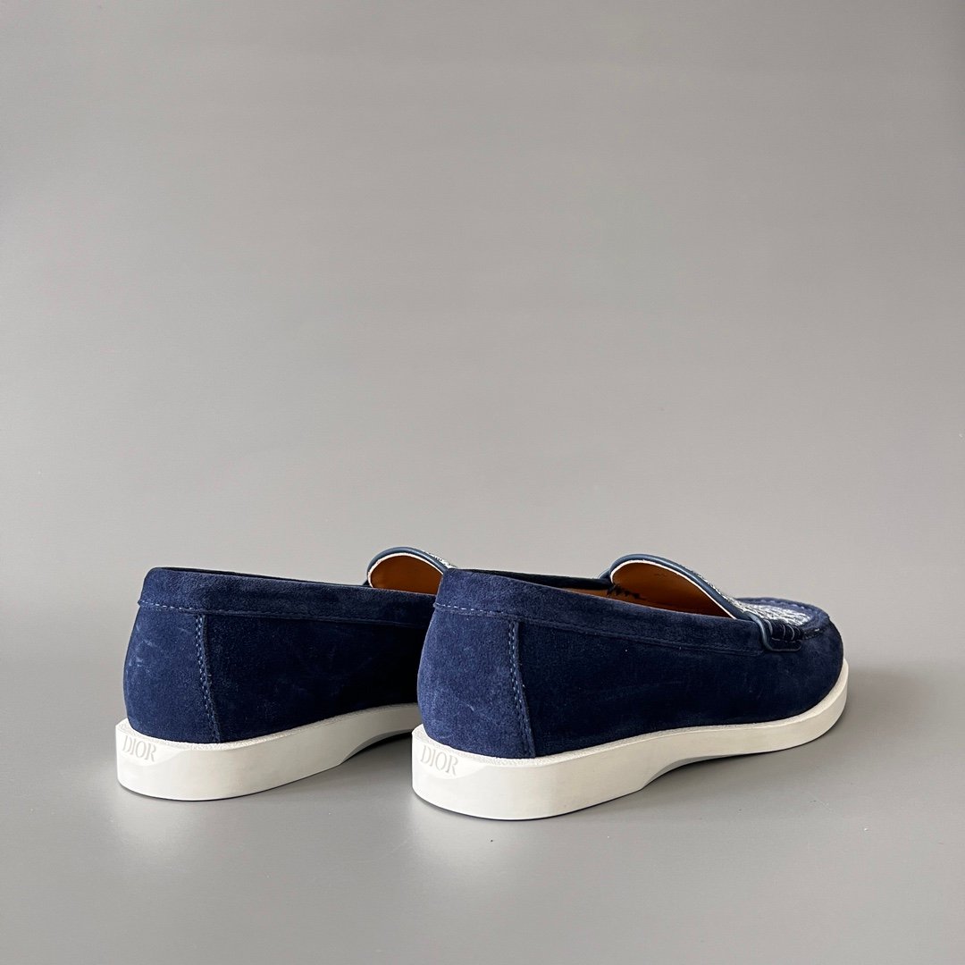 AuroraCustom Dior Granville Series Navy Blue Suede & White Oblique Jacquard Luxury Moccasin Loafer Single Shoes (Men's Edition) - Image 4