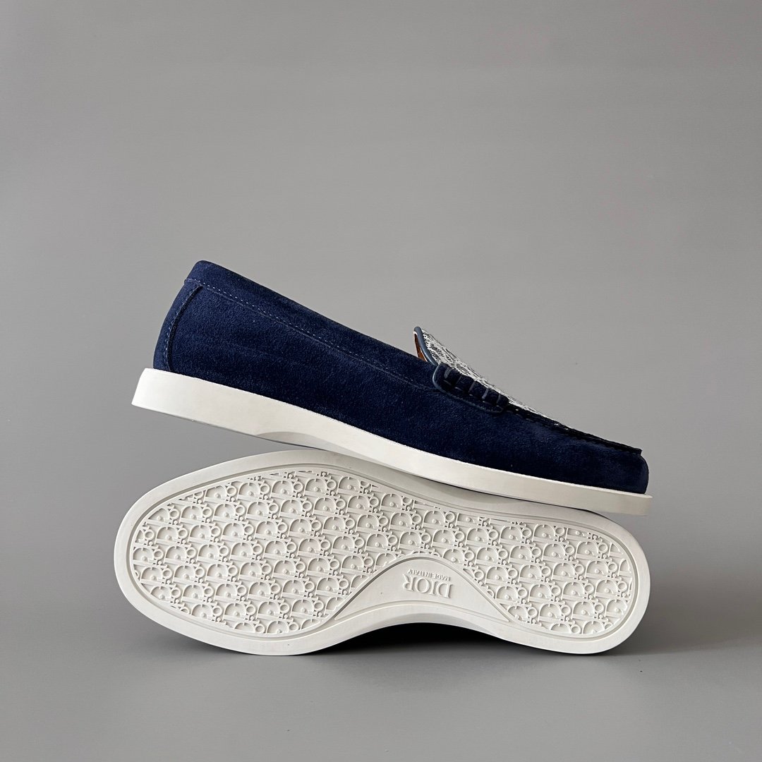 AuroraCustom Dior Granville Series Navy Blue Suede & White Oblique Jacquard Luxury Moccasin Loafer Single Shoes (Men's Edition) - Image 6
