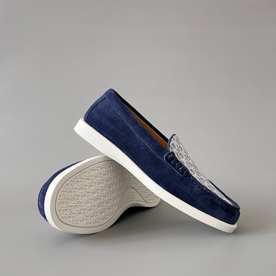 AuroraCustom Dior Granville Series Navy Blue Suede & White Oblique Jacquard Luxury Moccasin Loafer Single Shoes (Men's Edition) - Image 7