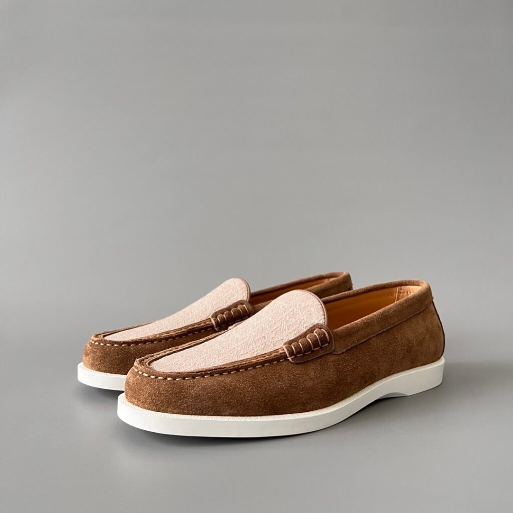 AuroraCustom Dior Granville Series Chestnut Brown Suede & White Oblique Jacquard Luxury Moccasin Loafer Single Shoes (Men's Edition)