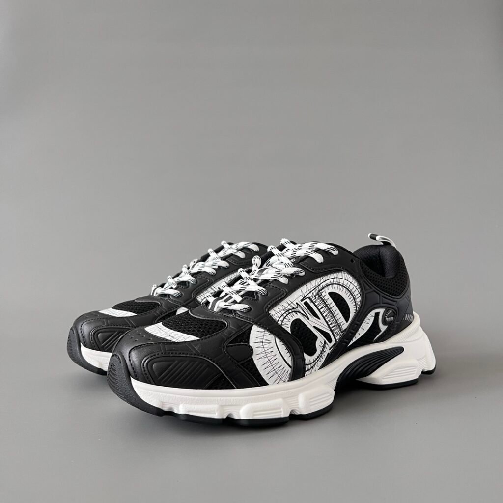 AuroraCustom Dior Chrono Series Core Black & Optic White Technical Mesh Premium Leather Panel Luxury Retro Runner Sneaker (Unisex Edition)