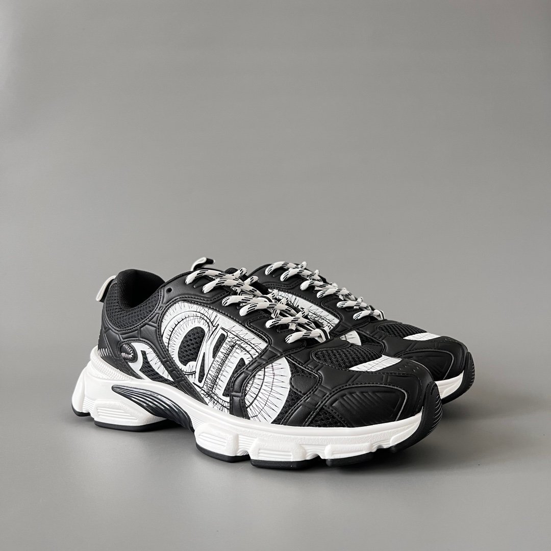 AuroraCustom Dior Chrono Series Core Black & Optic White Technical Mesh Premium Leather Panel Luxury Retro Runner Sneaker (Unisex Edition) - Image 3