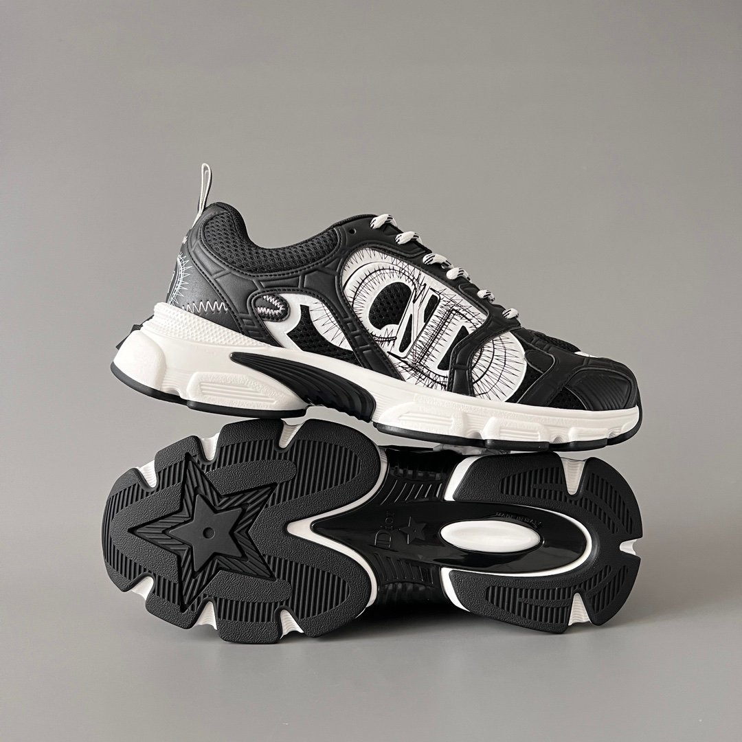 AuroraCustom Dior Chrono Series Core Black & Optic White Technical Mesh Premium Leather Panel Luxury Retro Runner Sneaker (Unisex Edition) - Image 6