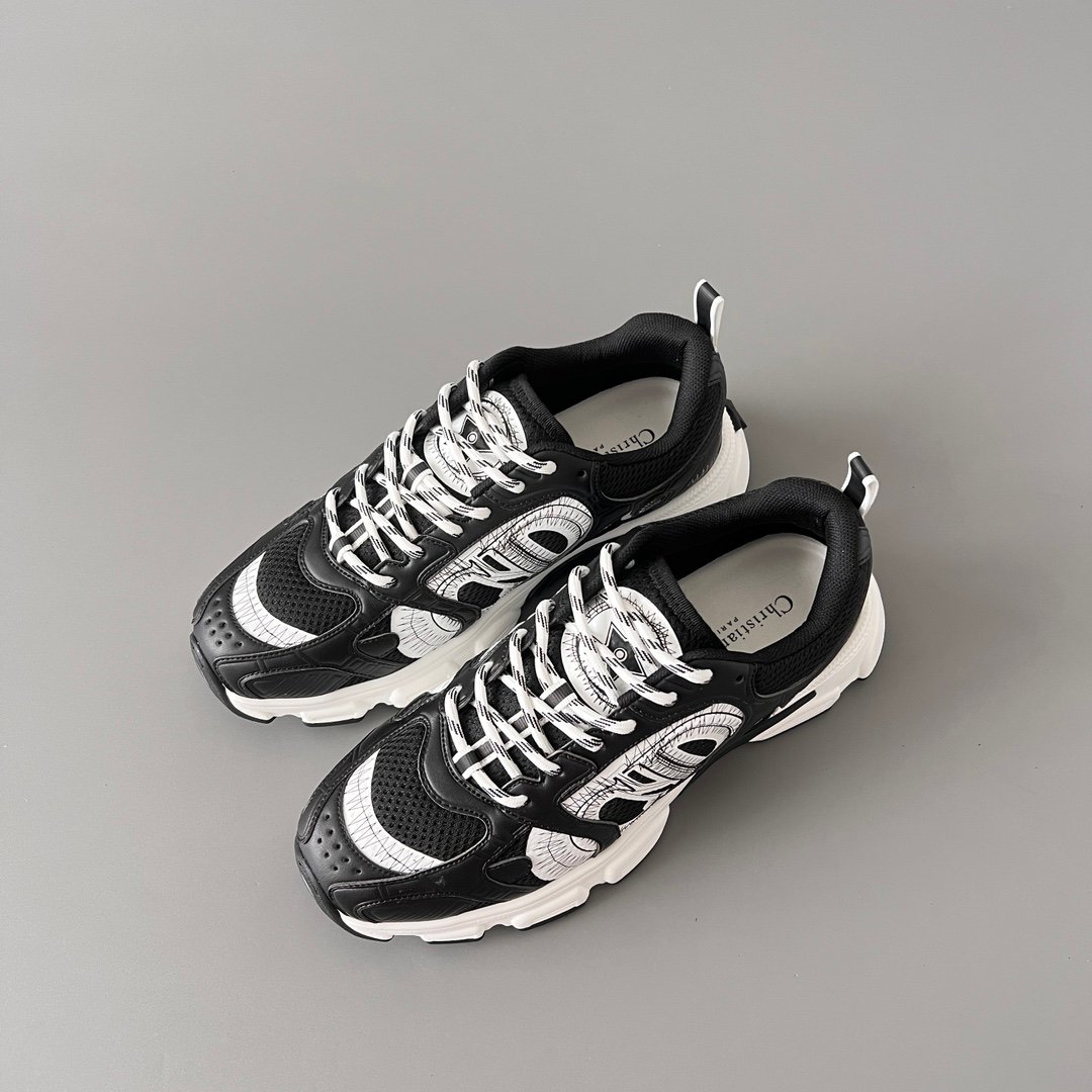AuroraCustom Dior Chrono Series Core Black & Optic White Technical Mesh Premium Leather Panel Luxury Retro Runner Sneaker (Unisex Edition) - Image 8