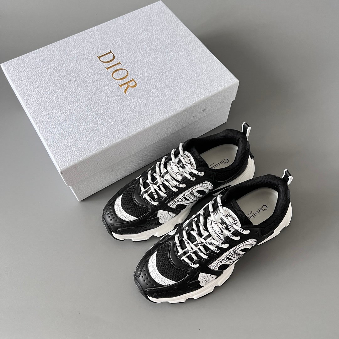 AuroraCustom Dior Chrono Series Core Black & Optic White Technical Mesh Premium Leather Panel Luxury Retro Runner Sneaker (Unisex Edition) - Image 9