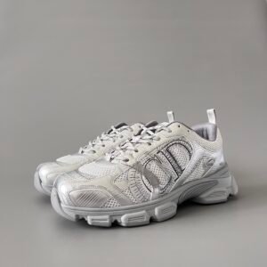 AuroraCustom Dior Chrono Series Liquid Metallic Silver & Optic White Technical Mesh Luxury Retro Runner Sneaker (Unisex Edition)