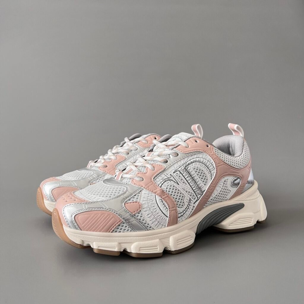 AuroraCustom Dior Chrono Series Sakura Pink & Liquid Metallic Silver Technical Mesh Luxury Retro Runner Sneaker (Women's Edition)